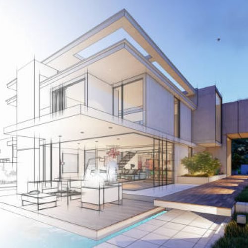 3D rendering of an upscale modern villa with pool and garden